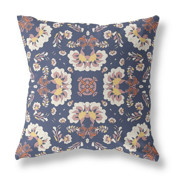 20" Blue White Floral Indoor Outdoor Zip Throw Pillow