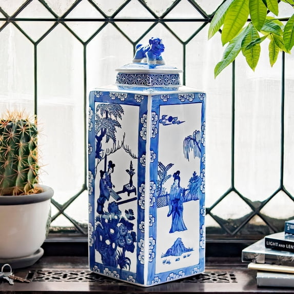 Red Lantern 20" Blue & White Square Fu Dog Jar