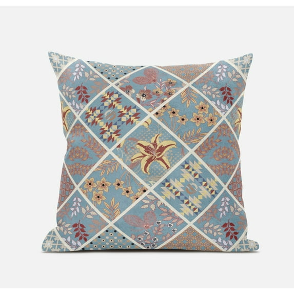 20†Blue Yellow Patch Suede Throw Pillow