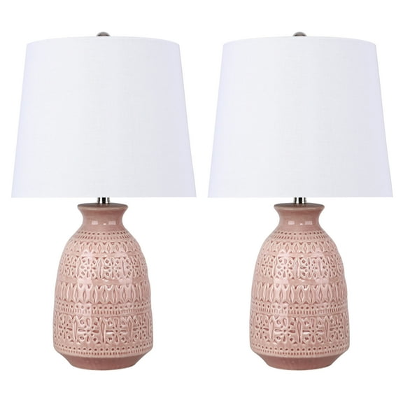 20" Blush Ceramic Table Lamp w/ Patterned Base & White Linen Shade (Set of 2)