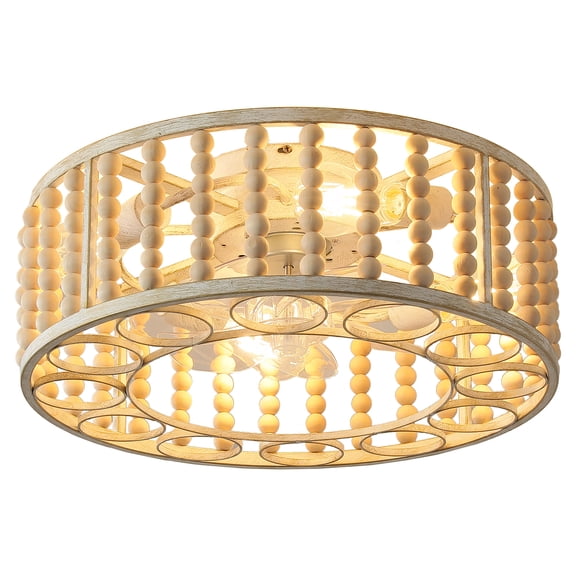 20" Boho Ceiling Fan with Light: Wood Beaded Caged Ceiling Fan with Light and Remote, Low Profile Flush Mount Boho Fandelier for Bedroom, Kitchen, Living Room, Indoor