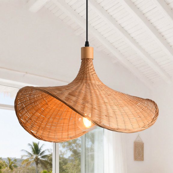 20" Boho Natural Handwoven Bamboo Pendant Light, Open Weave Coastal Hanging Light with Adjustable Cord