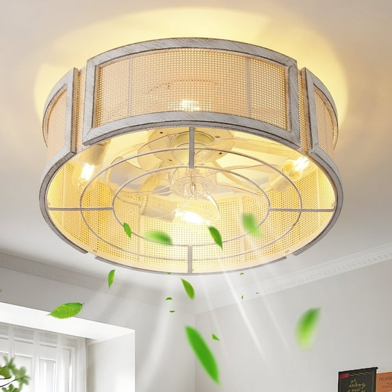 20" Boho Rattan Caged Ceiling Fan with Light, White Flush Mount Ceiling Fan with Light Remote Control with 6 Speeds for Bedroom, Living Room, Nursery