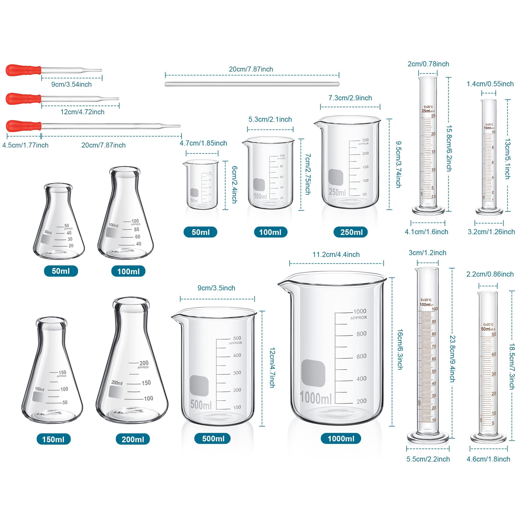 Stirring Rood 20 Borosilicate Glass Lab Beaker Set, 50-1000ml Measuring Cups ...
