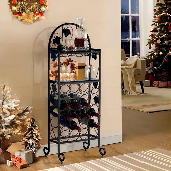 20 Bottle Floor Wine Bottle & Glass Rack in Black