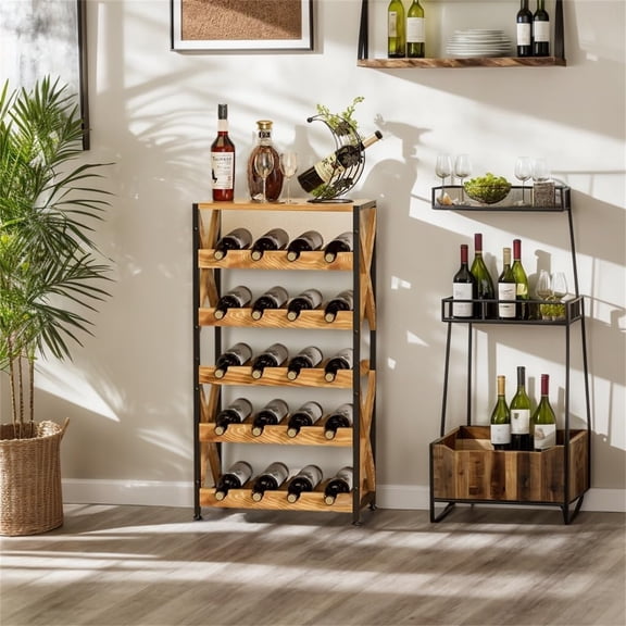 20 Bottle Wine Rack Freestanding Floor with Wood Top,Wobble-Free 5 Tier Wine Display Storage Stand Shelf,Stackable Modular Wine Bottle Holder Rack for Kitchen,Cellar,Living Room