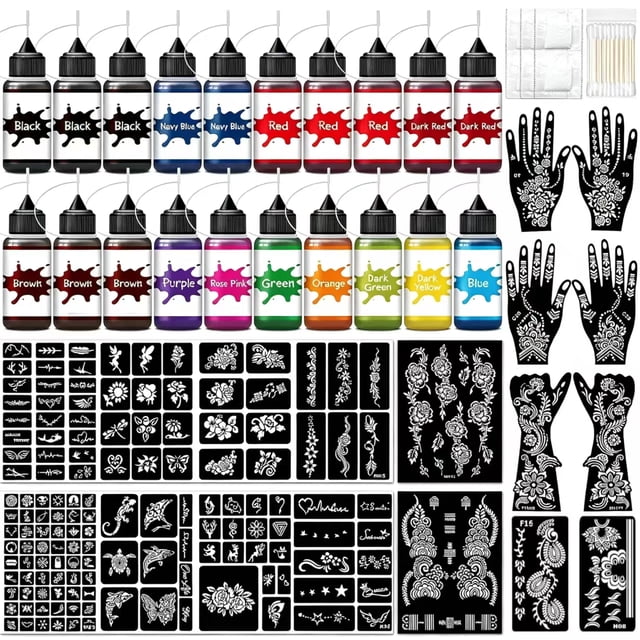 20 Bottles Temporary Tattoo Ink Kit, 12 Colors with 147 Tattoo Stencils ...