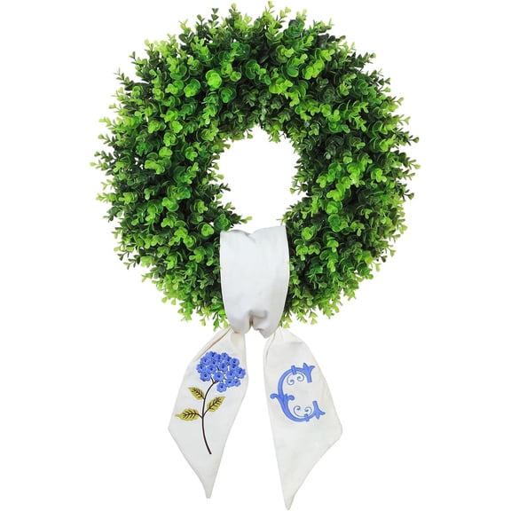 20" Boxwood Wreath for Front Door -Spring Summer Wreaths Door Hanger with Personalized Monogram sash Embroidered Hydrangea & Letter (C)