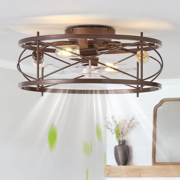 20" Brown Ceiling Fan with Light Flush Mount, Farmhouse Caged Ceiling Fans with Lights and Remote, Bladeless Low Profile Ceiling Fan with 6 Speeds for Bedroom, Living Room,