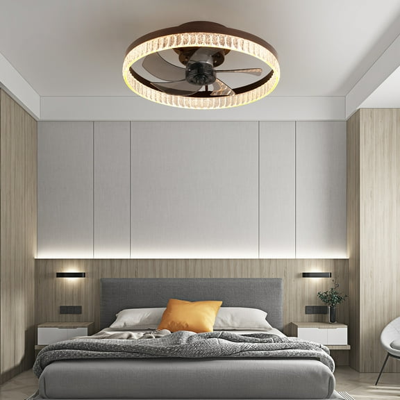 20" Brown Ceiling Fan with LED Light  Modern Flush Mount Fan Light for Bedroom, Living Room, and Home Dcor with Crystal Ring Design