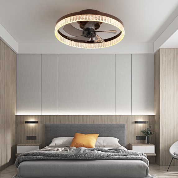 20" Brown Ceiling Fan with LED Light - Modern Flush Mount Quiet Fan for Bedroom, Living Room, Home Décor, Crystal Accent Design with Remote Control