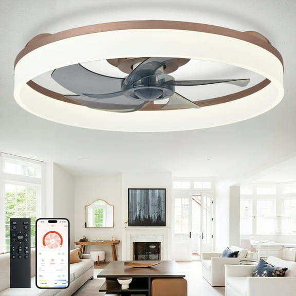 20" Brown Flush Mount Ceiling Fan with Light - Low Profile, App & Remote Control, 6-Speed Quiet DC Motor, Dimmable LED for Bedroom