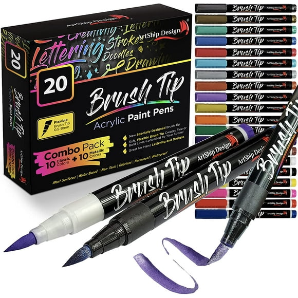 20 Brush Tip Acrylic Paint Pens, Classic and Metallic Color Combination Double Pack, Flexible Tip Brush Paint Markers & Lettering Pens - ArtShip Design