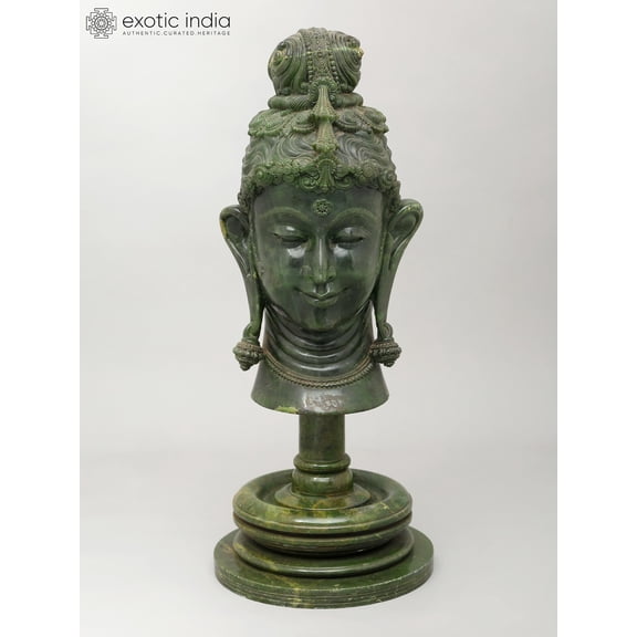 20" Buddha Head | Green Stone Statue | Made In Orissa