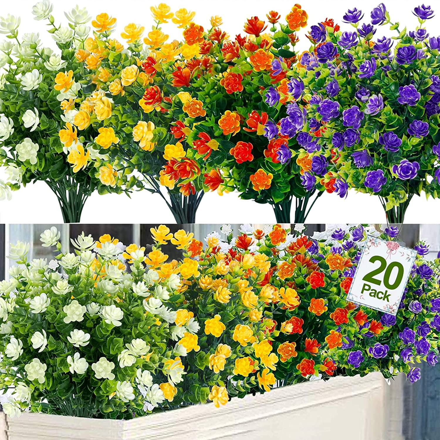20 Bundles Artificial Flowers for Outdoor Decoration, Fall Decoration UV Resistant Faux Outdoor Plastic Greenery Shrubs Plants Fake Flowers Home Garden Fall Decor(Orange Red)