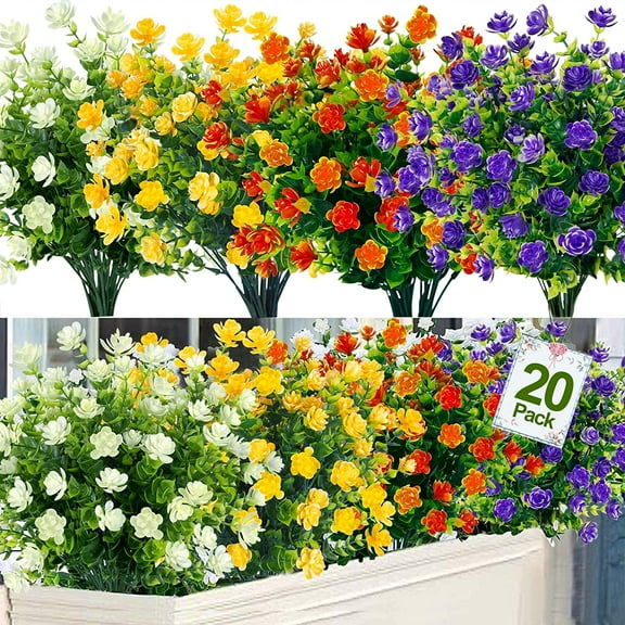 20 Bundles Artificial Flowers for Outdoor Decoration, Fall Decoration UV Resistant Faux Outdoor Plastic Greenery Shrubs Plants Fake Flowers Home Garden Fall Decor(Orange Red) A