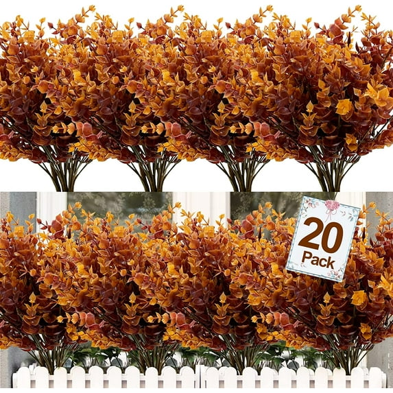 20 Bundles Artificial Flowers for Outdoor Decoration, Fall Decoration UV Resistant Faux Outdoor Plastic Greenery Shrubs Plants Fake Flowers Home Garden Fall Decor(Orange Red)