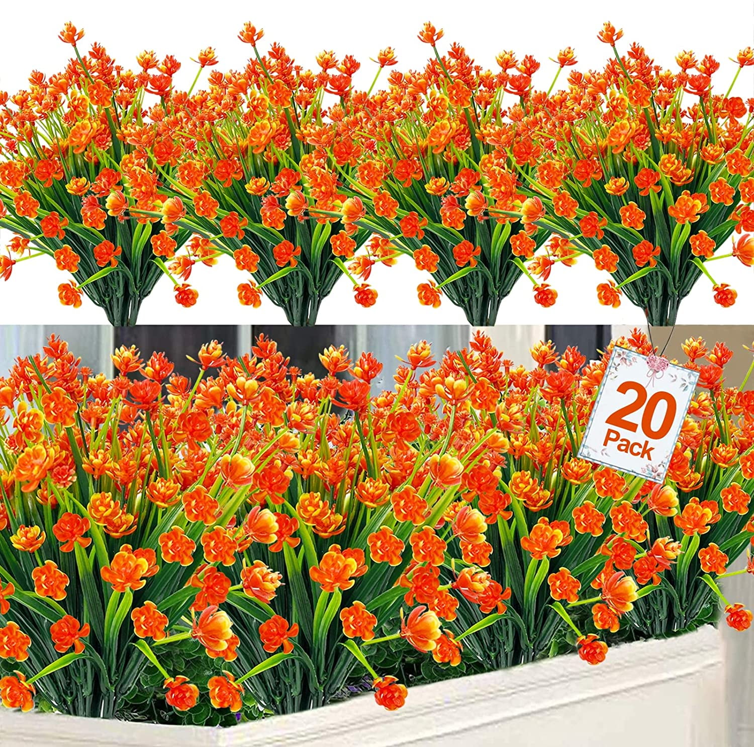 20 Bundles Artificial Flowers for Outdoor Decoration, Fall Decoration UV Resistant Faux Outdoor Plastic Greenery Shrubs Plants Fake Flowers Home Garden Fall Decor(Orange Red)