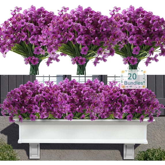 20 Bundles Artificial Flowers for Outdoor Decoration, Plastic Greenery Shrubs Spring Summer Decoration UV Resistant Faux Outdoor Plants Fake Flowers Planter Home Garden Decor Purple