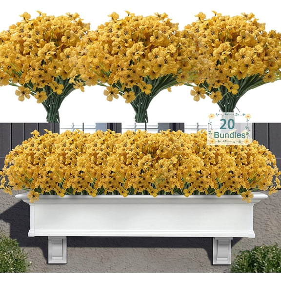 20 Bundles Artificial Flowers for Outdoor Decoration, Plastic Greenery Shrubs Spring Summer Decoration UV Resistant Faux Outdoor Plants Fake Flowers Planter Home Garden Decor Yellow