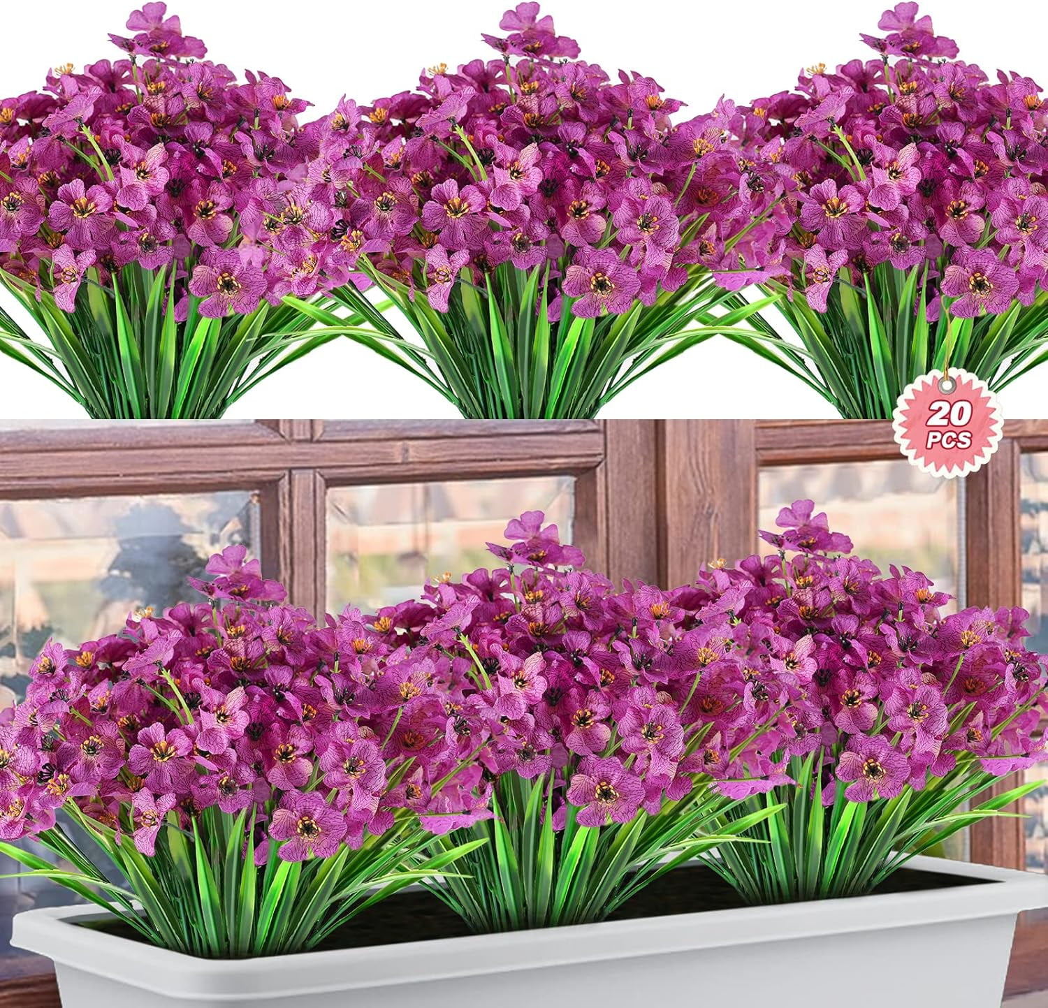 20 Bundles Artificial Flowers Outdoor Fake Flowers UV Resistant No Fade Boxwood Faux Plastic Shrubs Plants for Window Box Wedding Indoor Outside Hanging Planter Decoration (Yellow)