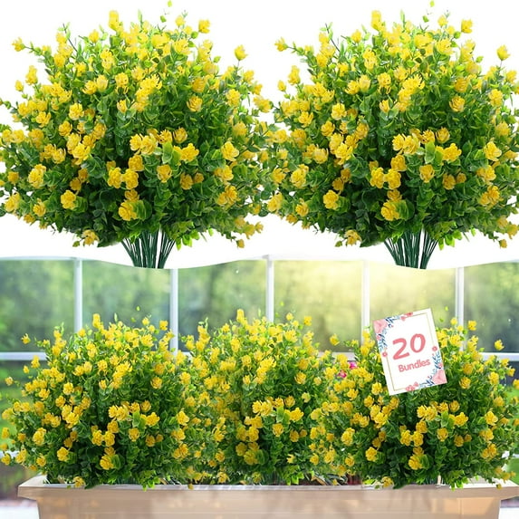 20 Bundles Artificial Flowers Outdoor Fake Flowers, UV Resistant No Fade Faux Plastic Greenery Shrubs Plants for Hanging Garden Porch Window Box Outside Decoration,Home Indoor Decor, 5 Colors