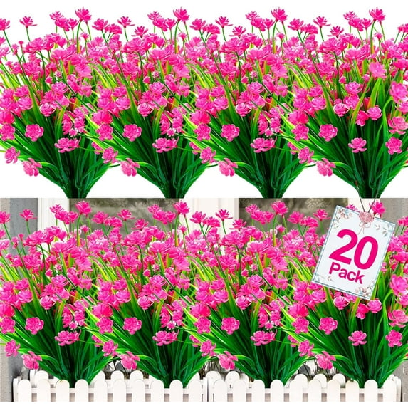 20 Bundles Artificial Flowers for Outdoor Summer Decoration, UV Resistant Faux Outsides Plastic Greenery Shrubs Artificial Plants Fake Flowers Planter Home Cemetery Decor(White)