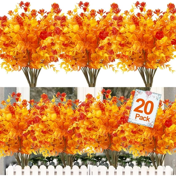 20 Bundles Artificial Flowers for Outdoor Summer Decoration, UV Resistant Faux Outsides Plastic Greenery Shrubs Artificial Plants Fake Flowers Planter Home Cemetery Decor(White)
