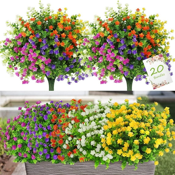20 Bundles Artificial Flowers Outdoor UV Resistant Fake Flowers Faux Plastic Greenery Shrubs Plants for Garden Porch Window Box Hanging Decor , 5 Colors