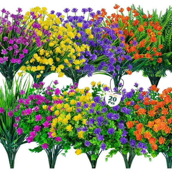 20 Bundles Artificial Flowers for Outdoor UV Resistant Fake Plants, Faux Flowers for Indoor Outside Plastic Greenery Shrubs for Garden Porch Window Box Home Farmhouse Décor (Mix Colors) A