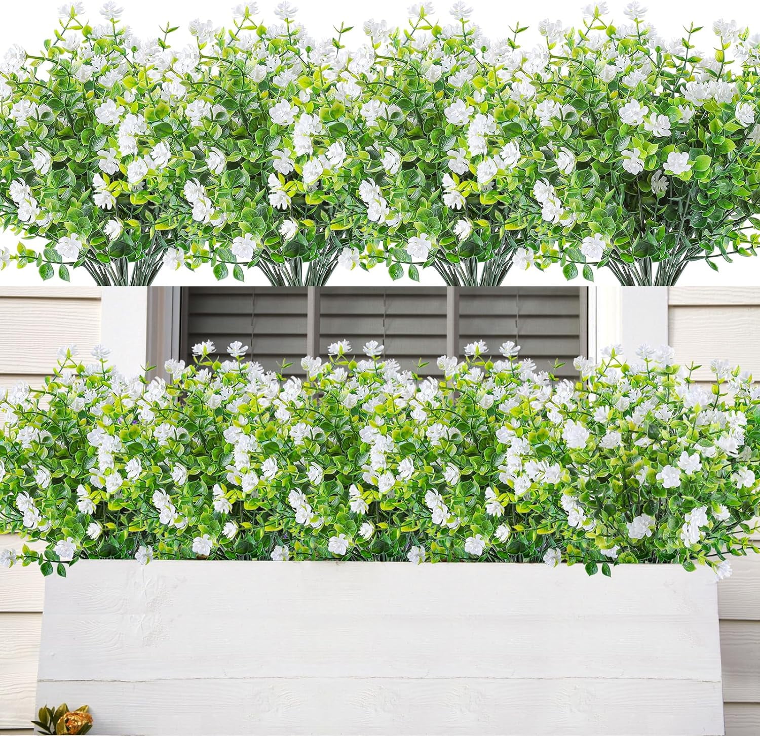 20 Bundles Artificial Flowers Outdoor UV Resistant Faux Flowers No Fade Fake Plastic Plants Garden Porch Window Box Decorating (Pure White)