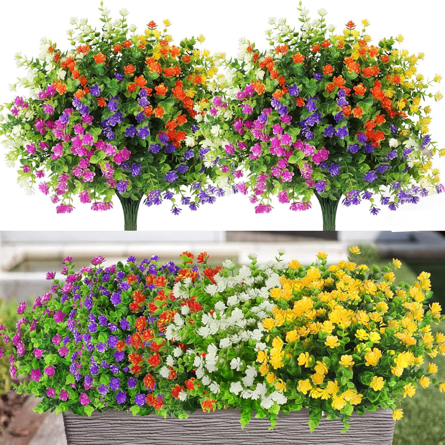 20 Bundles Artificial Flowers for Outdoors UV Resistant Boxwood Shrubs Artificial Eucalyptus Fake Plants Faux Plastic Greenery for Farmhouse Garden Home Indoor Outdoor Decoration (Mixed)