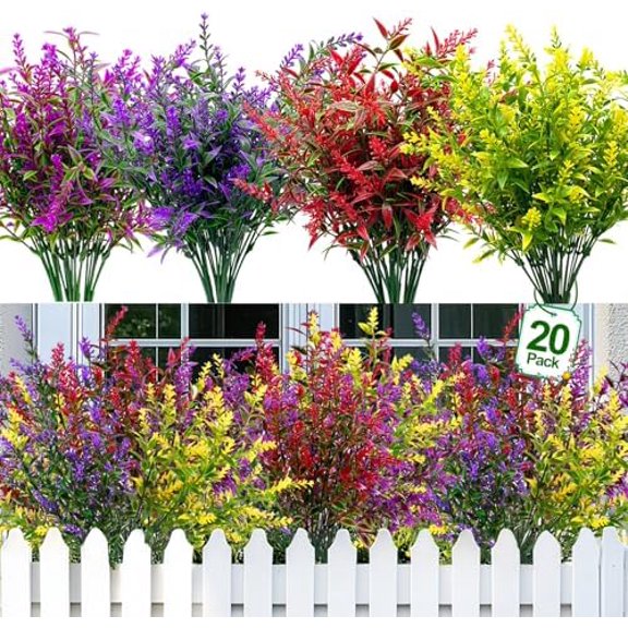 20 Bundles Artificial Flowers for Outdoors, UV Resistant No Fade Fake Lavender Flowers Plastic Faux Plants for Window Box Gardens Planter Porch Indoor Cemetery Summer Spring Decor(Mix Colors)
