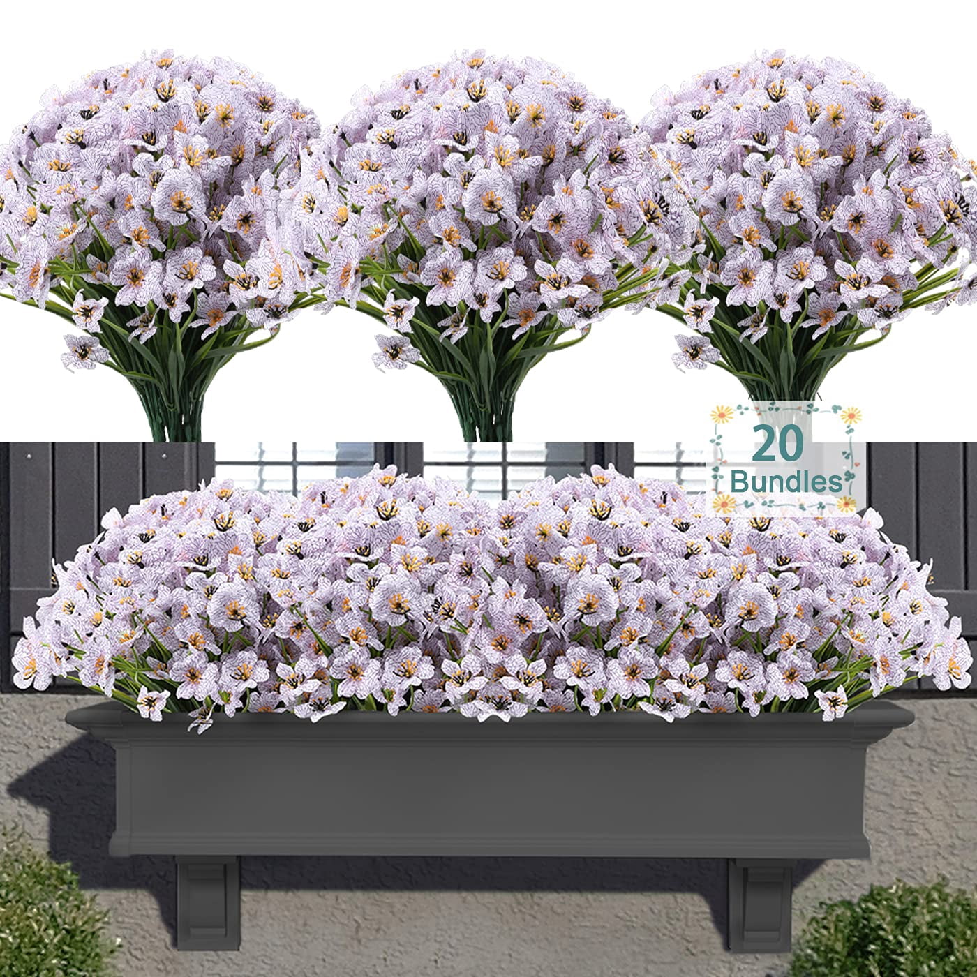 20 Bundles Artificial Flowers for Outdoors, UV Resistant Fake Flowers with Plastic Plants, Faux Silk Flowers