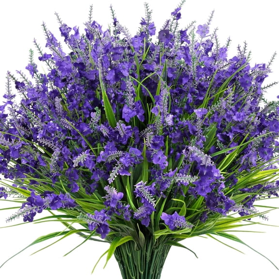 20 Bundles Artificial Lavender Flowers for Outdoors Fake Silk Flowers Faux Plants UV Resistant for Indoor Outside Spring Porch Garden Window Table Box Office Home Decorations, Deep Purple