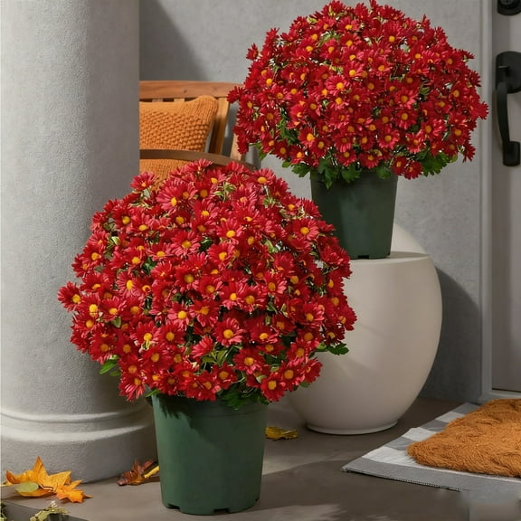 20 Bundles Artificial Mums - Artificial Outdoor Sunset Flowers, UV Resistant Look Real, Fall Decor for Yard Balcony （A)