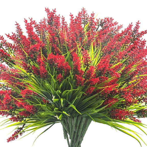 20 Bundles Artificial Plants Outdoor Fake Monkey Grass with Flowers (Red)