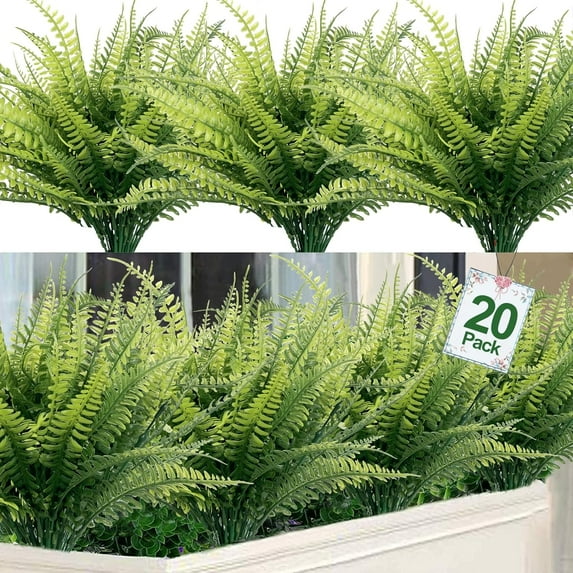 20 Bundles Artificial Plants Summer Decor Fake Plants Greenery Faux Plant Boston Fern Outdoor UV Resistant Artificial Flowers Plants Outside Indoor for Home Garden Spring Decor