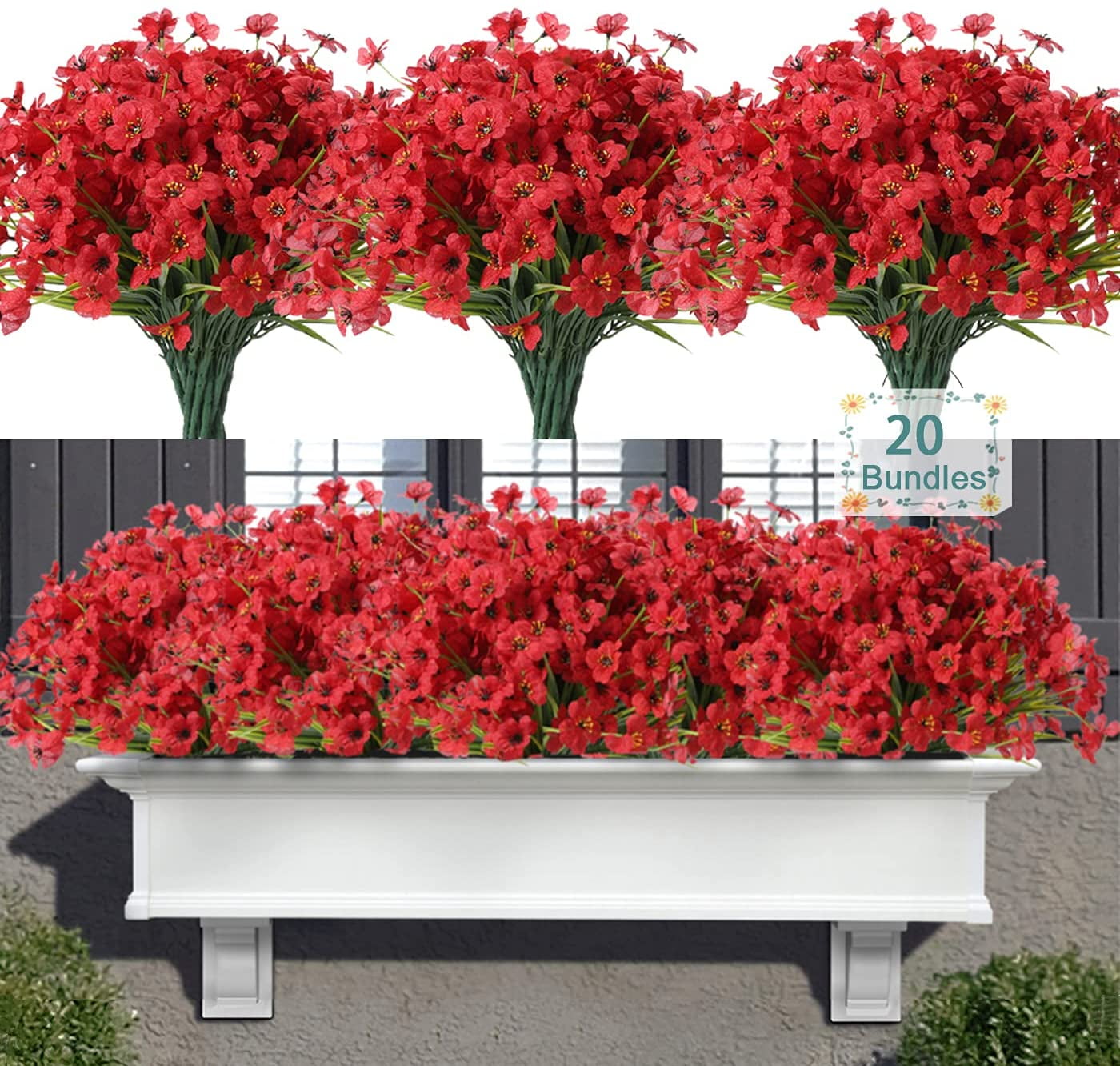 20 Bundles Outdoor Artificial Flowers, UV Resistant Fake Flower with Plastic Plants Faux Silk Flower for Outside Front Porch Hanging Planter Christmas Decoration