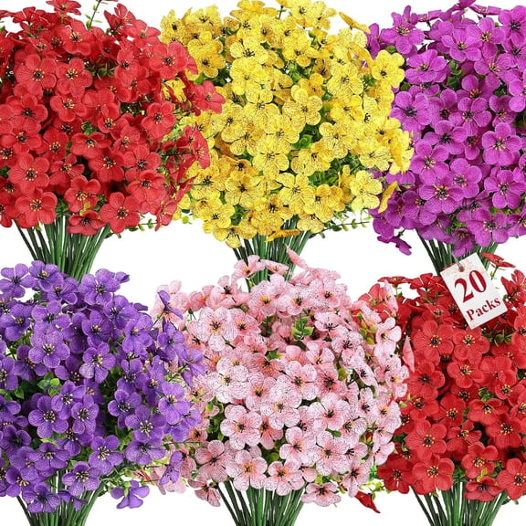 20 Bundles for Outdoor Indoor Decoration, UV Resistant No Fade Fake Plants Euc, Colorful Faux Spring Flowers for Outside Yard Porch Patio Garden Home Window Box