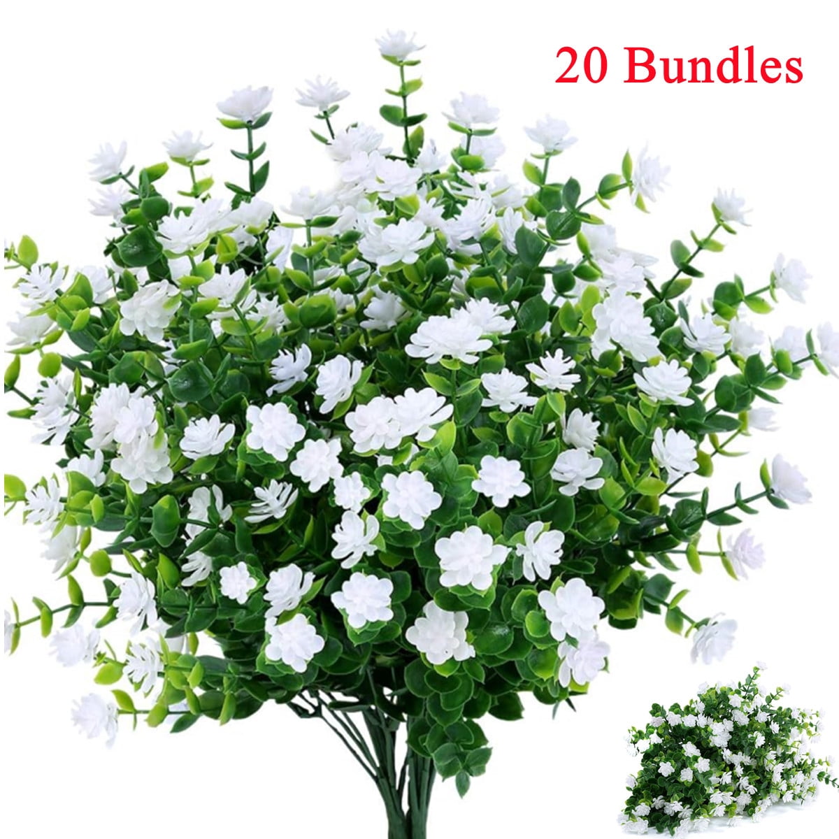 20 Bundles White Fake Outdoor Flowers Fake Plants UV Resistant, Faux Flowers for Home Garden Party Decor