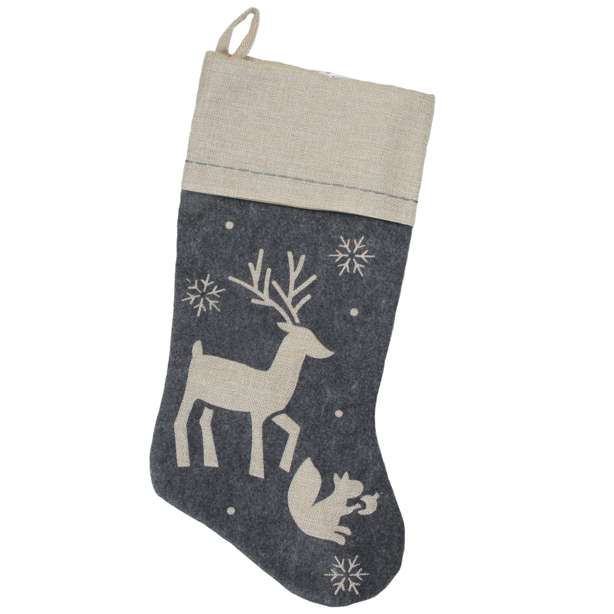 20" Burlap Christmas Stocking with Gray Felt Animal Stencil Design and Burlap Cuff