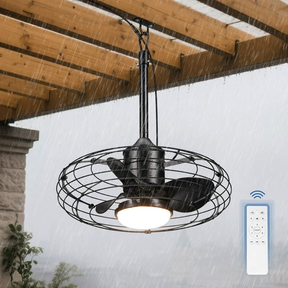 20" Caged Outdoor Ceiling Fans with Light for Patio Porch Waterproof Wet Rated Farmhouse Hanging Ceiling Fans with Remote, 6 Speeds Timing for Gazebo Canopy Pergola, Black