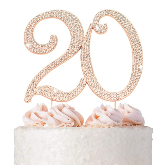 20 Cake Topper - DC20 Premium Rose Gold Metal - 20th Birthday or Anniversary Party Sparkly Rhinestone Decoration Makes a Great Centerpiece - Now Protected in a Box