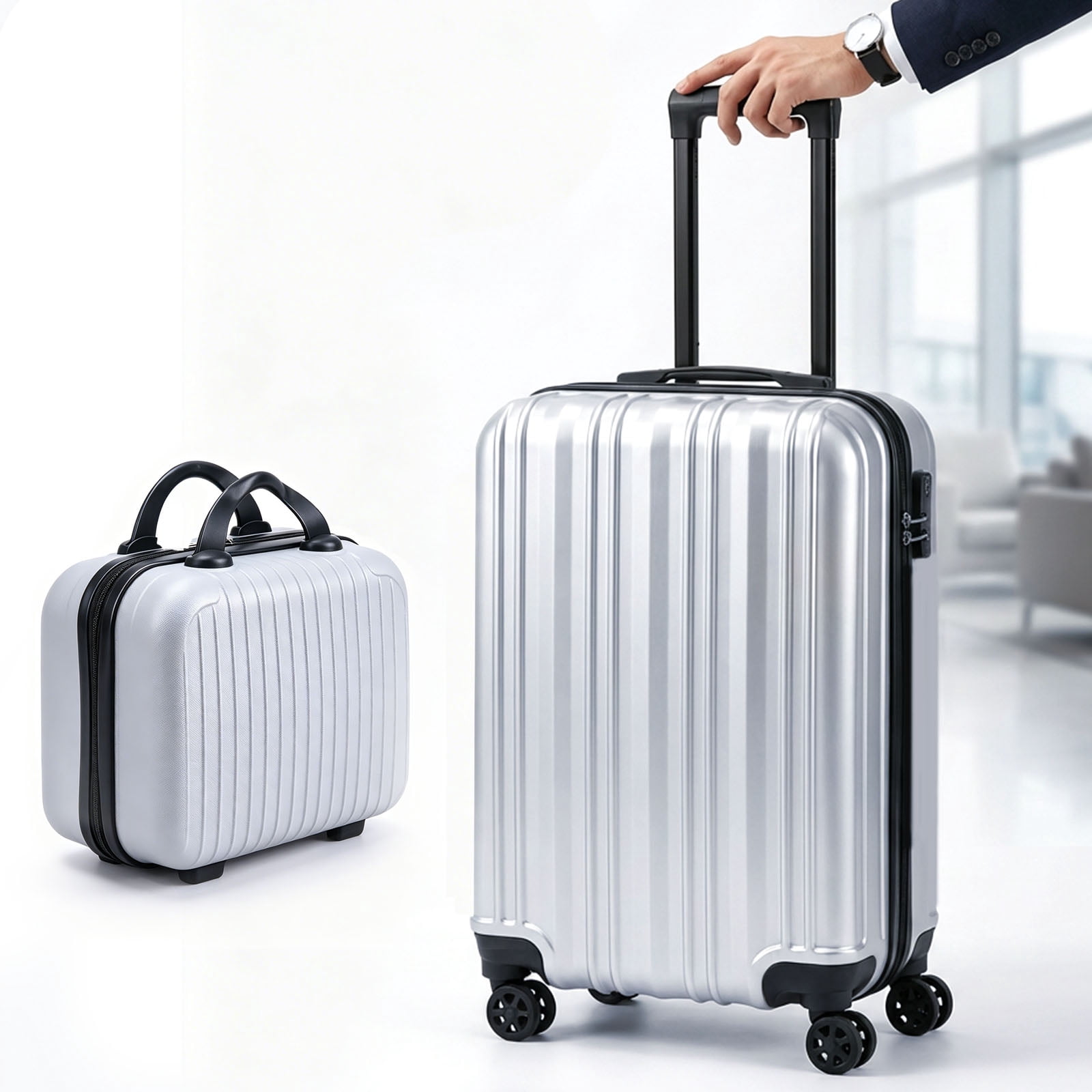 20" Carry On Luggage and 14" Mini Cosmetic Cases Travel Set Lightweight Polypropylene Suitcase with Lock YKK Zipper Hardside Luggage with Spinner Wheels (2 Piece Set, Grey)