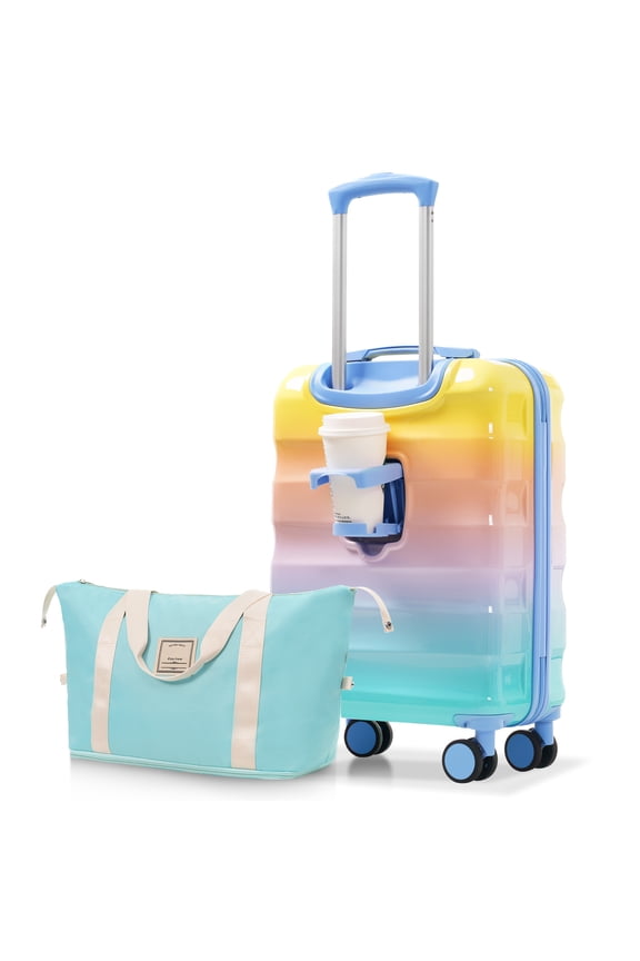 20" Carry-On Luggage 2-Piece Set with Cup Holder, Lightweight Abs+Pc Hardshell Suitcase with Spinner Wheels & Tsa Lock, Airline Approved (Blue/Orange)