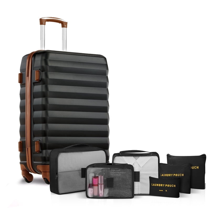 20" Carry-on Luggage Set,Hardside Lightweight ABS Suitcase with 6 Pieces Organizer Bags,Black Tan