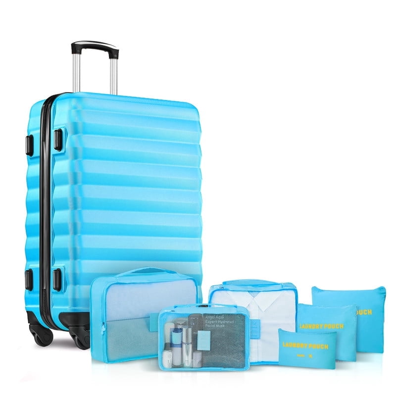 20" Carry-on Luggage Set,Hardside Lightweight ABS Suitcase with 6 Pieces Organizer Bags,Blue