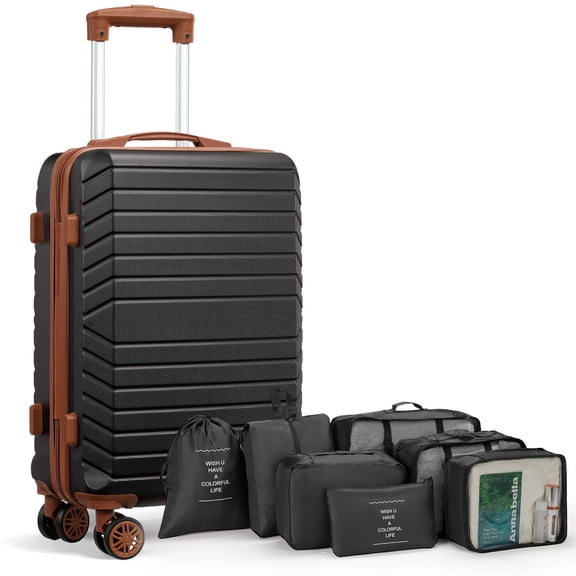 20" Carry-on Luggage Set,Hardside Lightweight ABS Suitcase with 7 Pieces Organizer Bags,Black Tan
