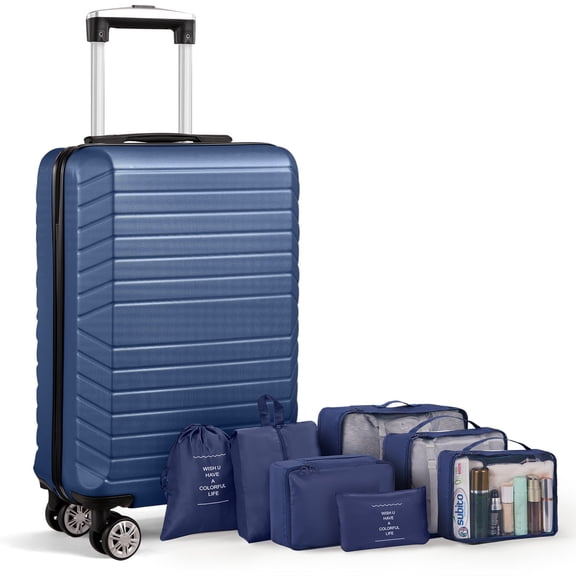 20" Carry-on Luggage Set,Hardside Lightweight ABS Suitcase with 7 Pieces Organizer Bags,Navy